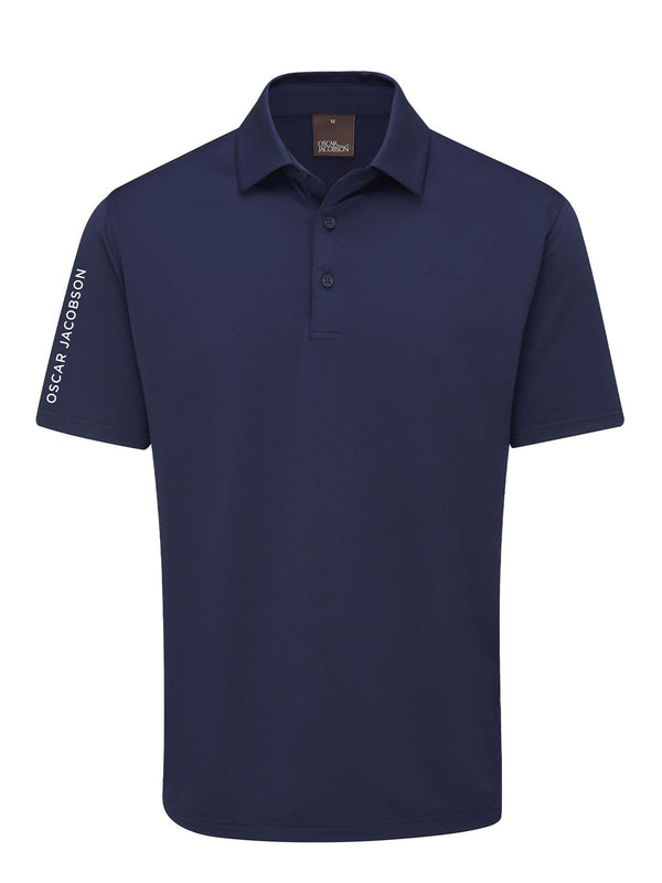 Navy blue polo shirt with 'Oscar Jacobson' branding on sleeve against a white background