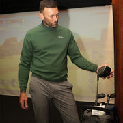 Man in green sweatshirt holding a golf club in front of a screen