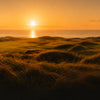 Golden-hour links coastline with an Oscar Jacobson cap, evoking the brand's Swedish heritage