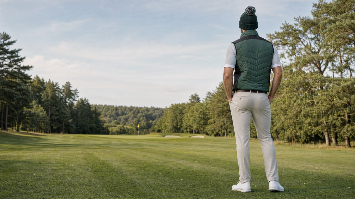 Golfer seen from behind on a parkland fairway in a Pineneedle Baynes gilet, Adelaide polo and Knitted Hat II
